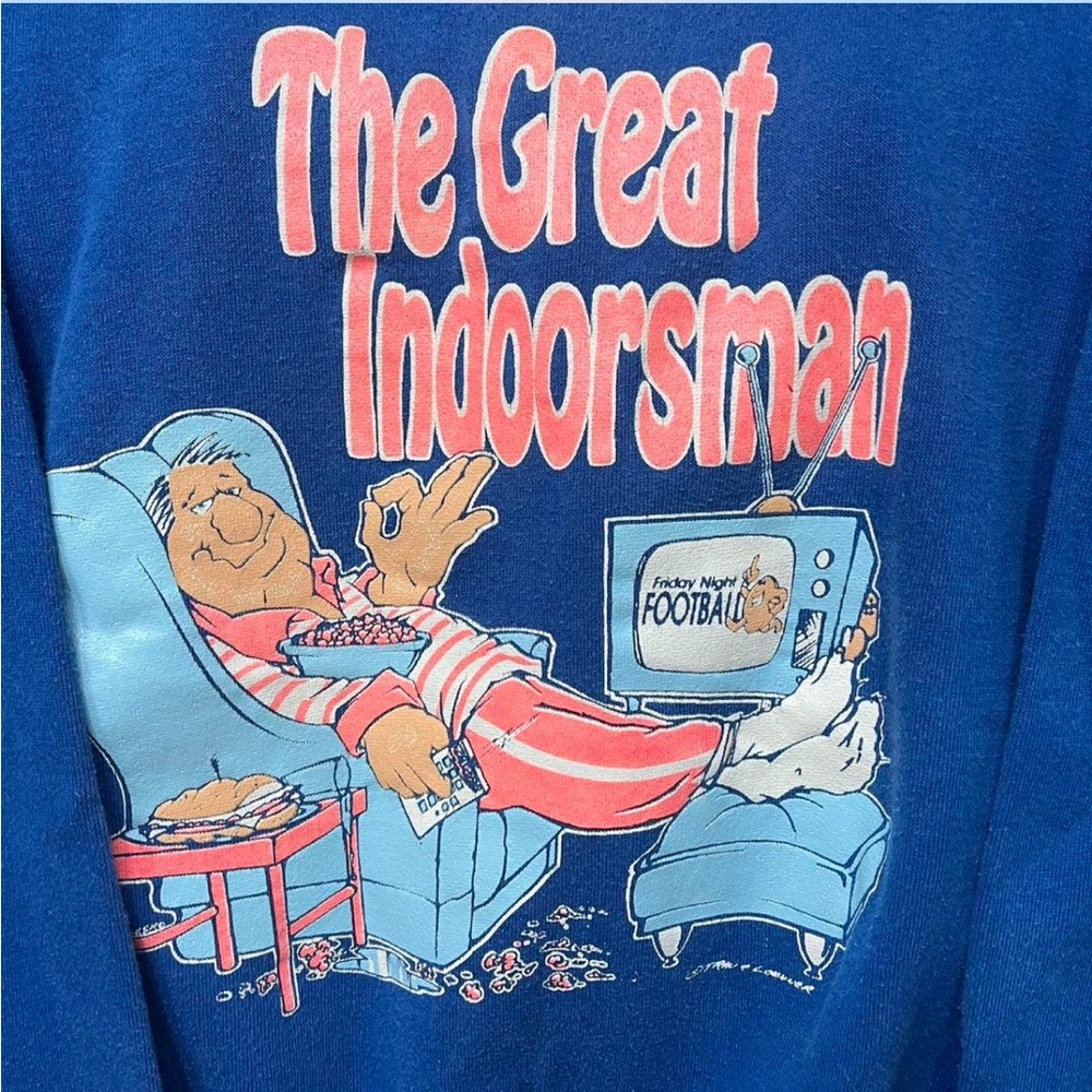 Vintage 80s Blue Graphic Men's Sweatshirt The Great Indoorsmen Winter Weather M - Picture 2 of 5